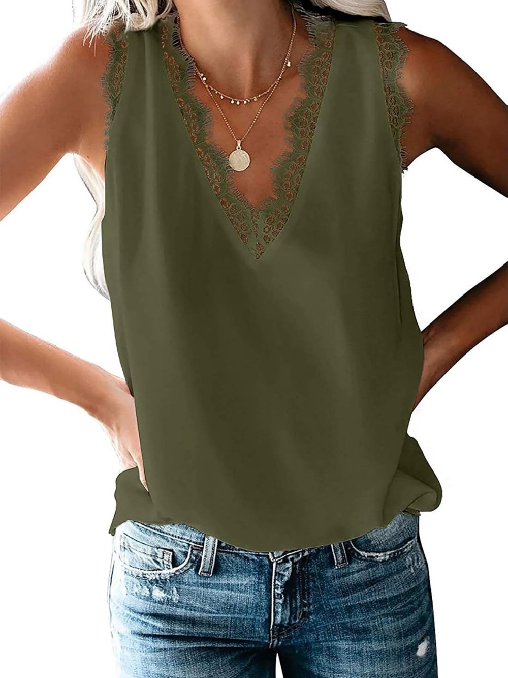 Lace Trim V-Neck Tank Top - Olive Green